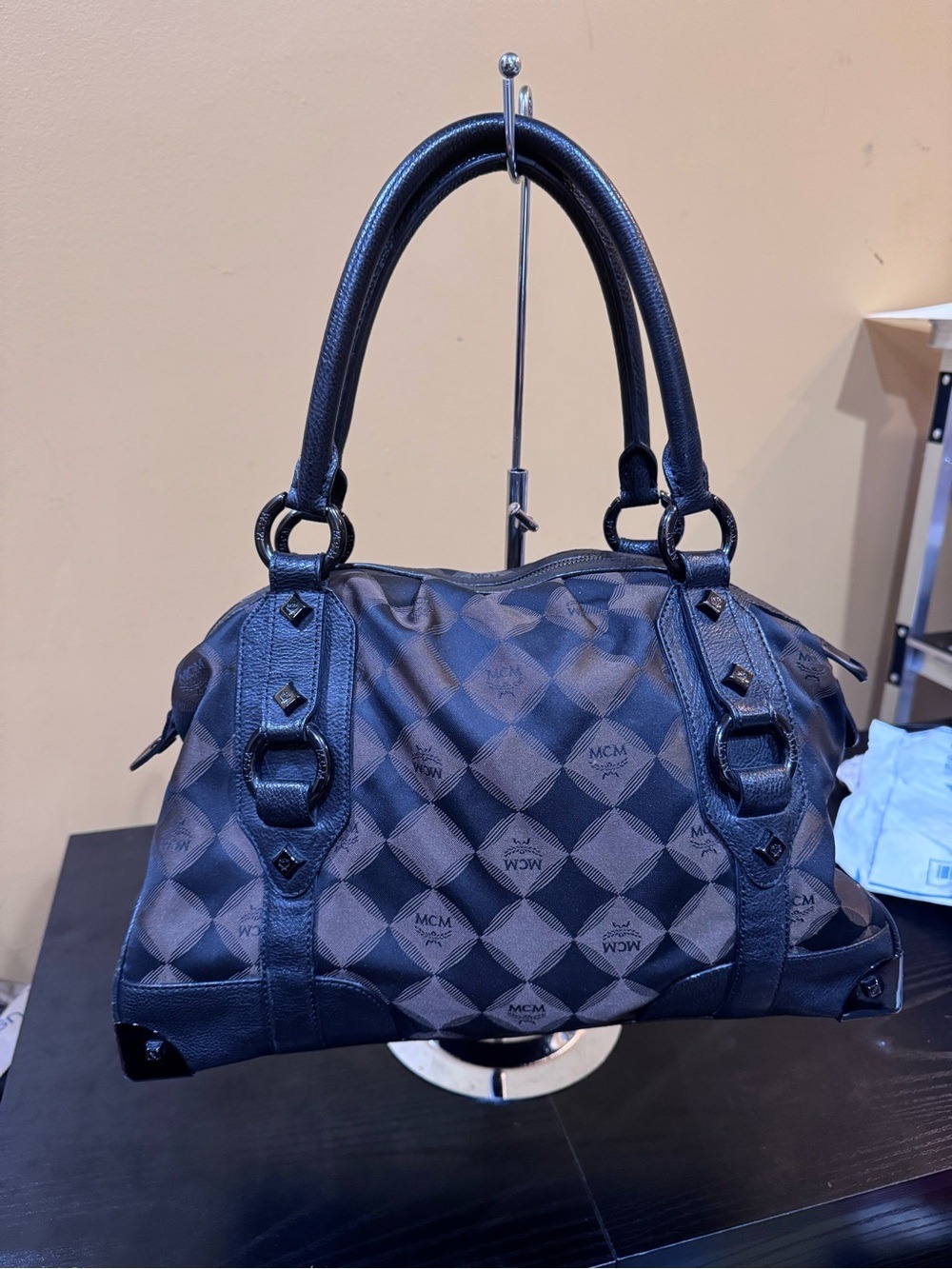 MCM Harlequin Diamond Signature Jacquard Canvas and Leather Satchel - Picture 3 of 15